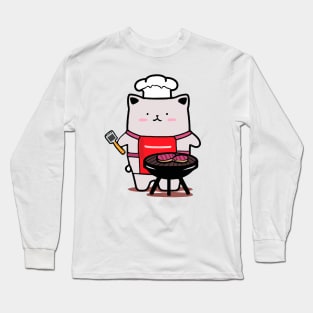 Kawaii Cute Cat Grilling BBQ Long Sleeve T-Shirt